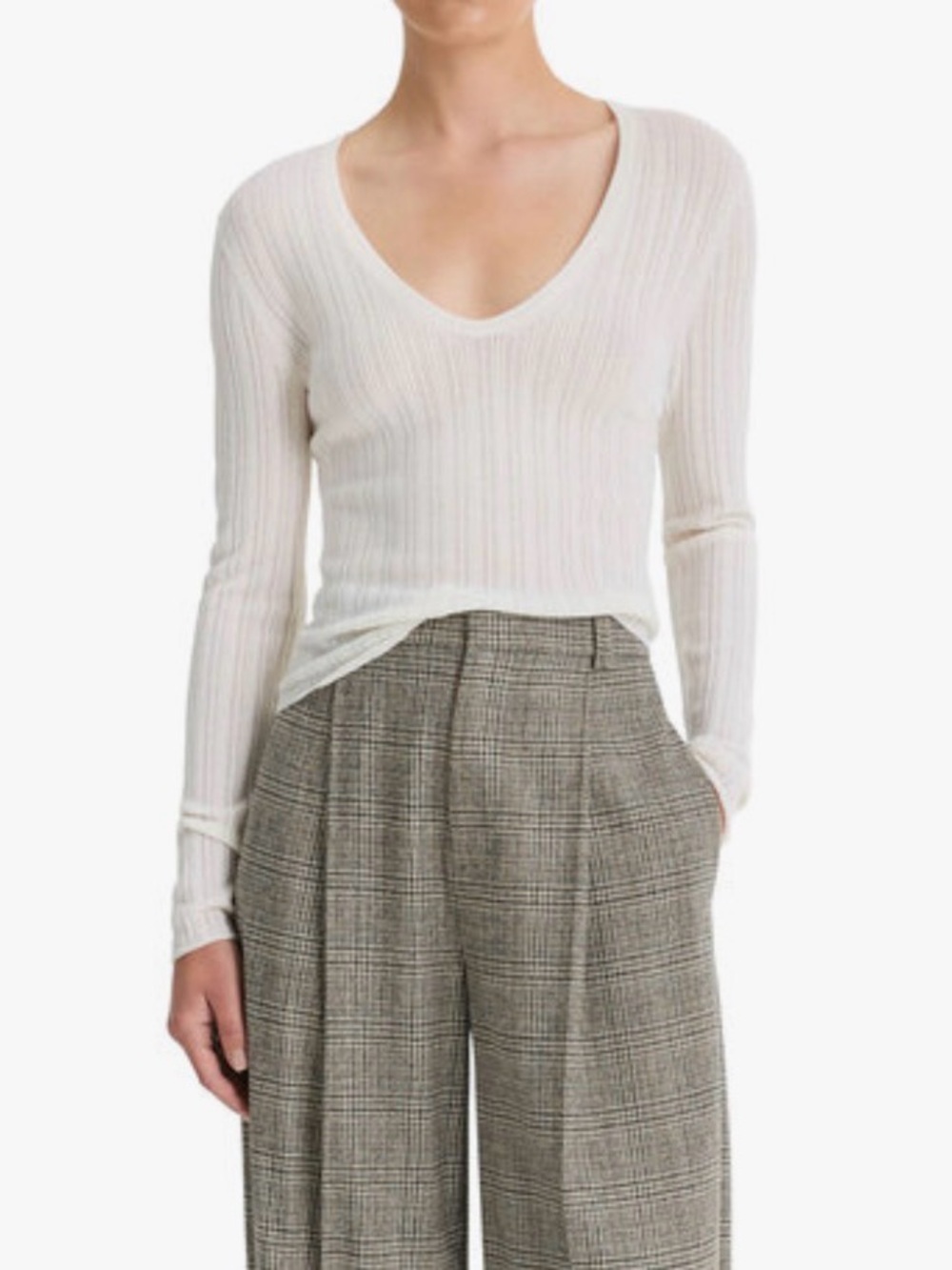 Vince Ivory V-Neck Ribbed Knit Sweater